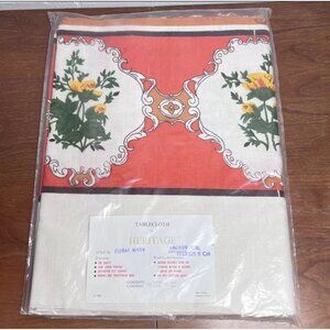Vintage Floral Motif Cotton/Linen Blend Oblong Tablecloth